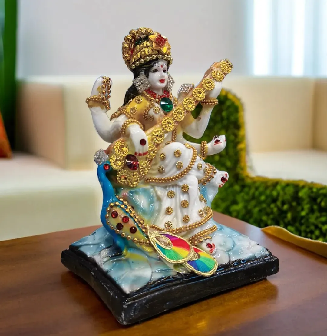 Handcrafted Resin Saraswati Idol with Veena & Peacock | Decorative Goddess Statue for Home Temple, Office & Gifting