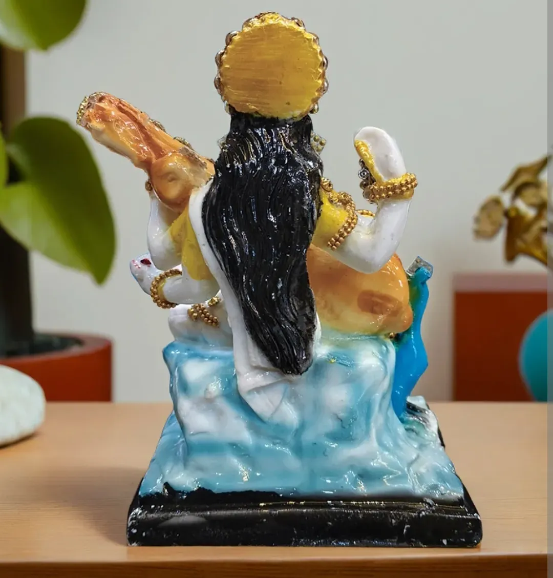 Handcrafted Resin Saraswati Idol with Veena & Peacock | Decorative Goddess Statue for Home Temple, Office & Gifting