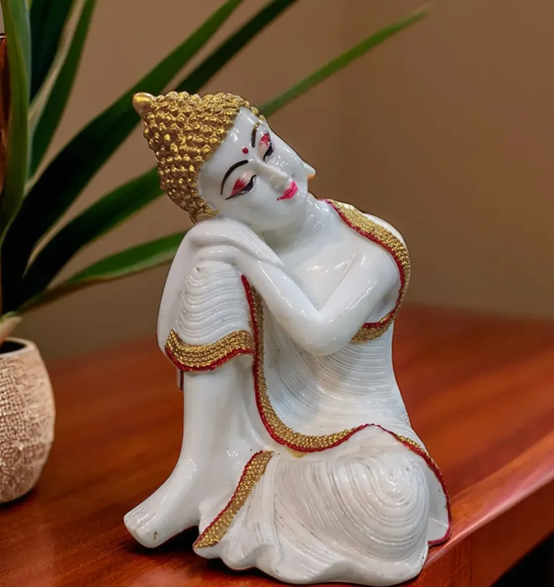 Handcrafted Resting Buddha Statue | White Marble Finish Buddha Idol for Home Decor, Office Desk, Meditation Room & Gift