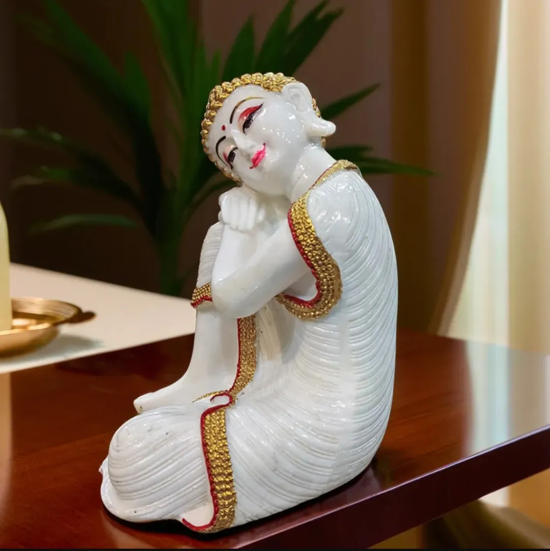 Handcrafted Resting Buddha Statue | White Marble Finish Buddha Idol for Home Decor, Office Desk, Meditation Room & Gift