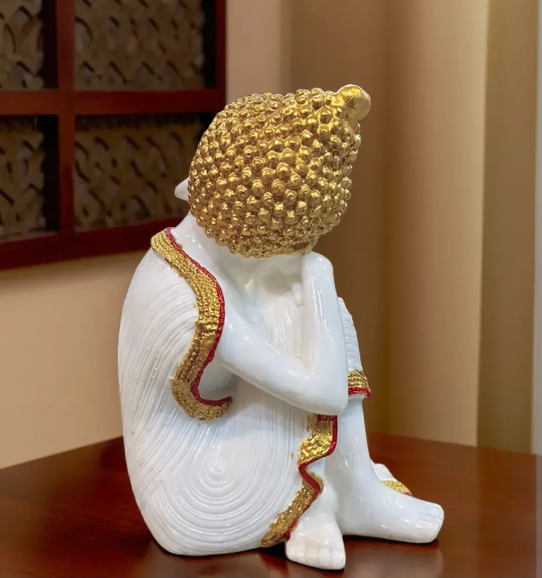 Handcrafted Resting Buddha Statue | White Marble Finish Buddha Idol for Home Decor, Office Desk, Meditation Room & Gift