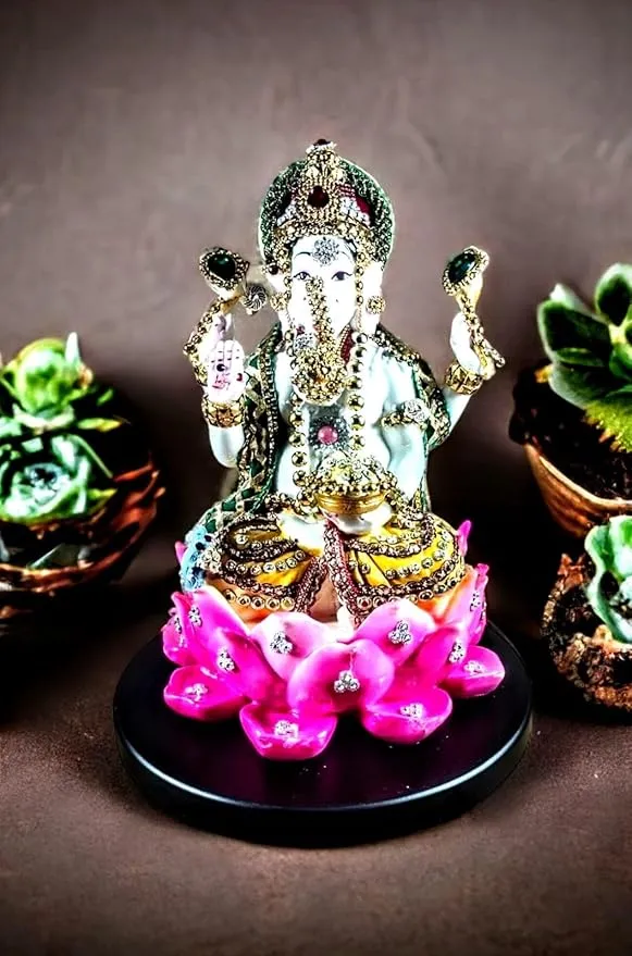 Lord Ganesh & Goddess Laxmi on Lotus Resin Showpiece for Home, Office Décor & Gifting