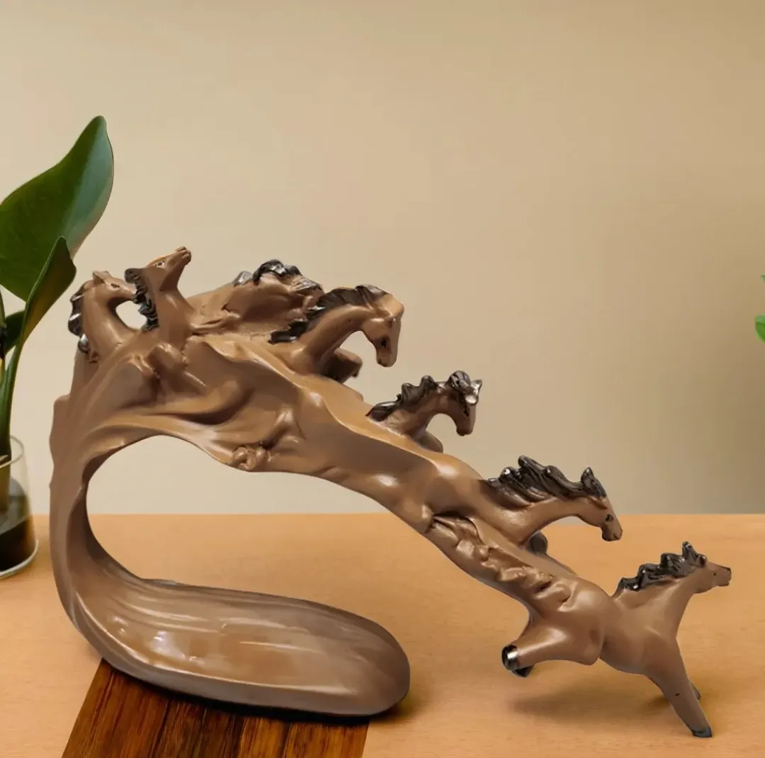 Luxury Brown Running Horses Wave Sculpture | Modern Resin Home Decor Showpiece