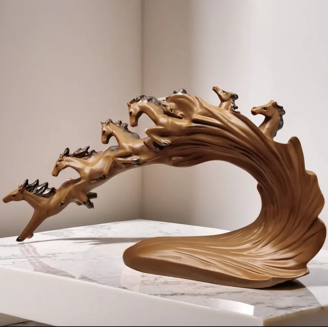 Luxury Brown Running Horses Wave Sculpture | Modern Resin Home Decor Showpiece