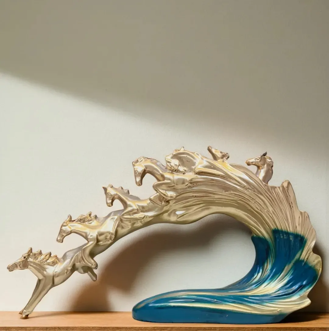 Luxury Golden Running Horses Wave Sculpt...
