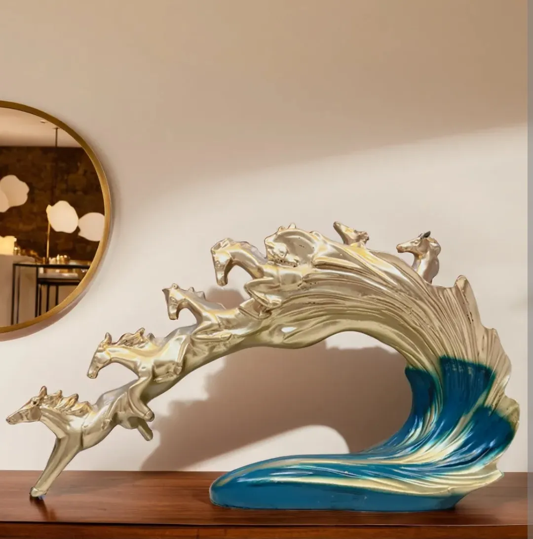 Luxury Golden Running Horses Wave Sculpture | Modern Resin Home Decor Showpiece