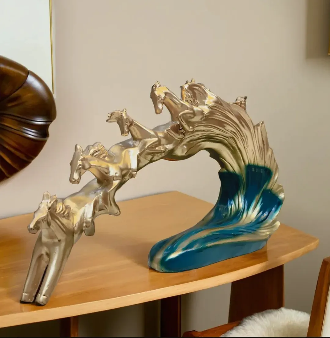 Luxury Golden Running Horses Wave Sculpture | Modern Resin Home Decor Showpiece