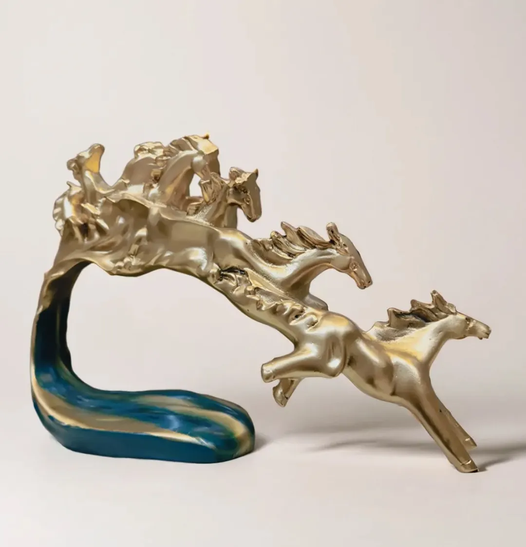 Luxury Golden Running Horses Wave Sculpture | Modern Resin Home Decor Showpiece