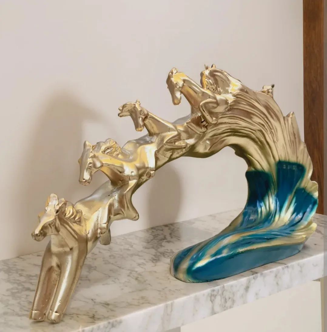 Luxury Golden Running Horses Wave Sculpture | Modern Resin Home Decor Showpiece