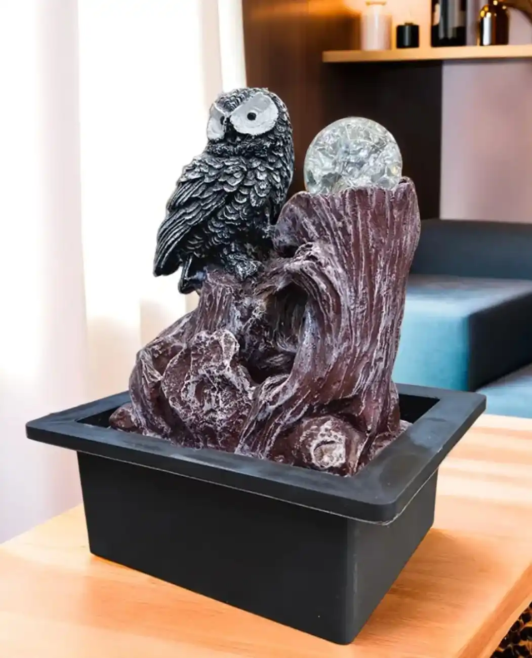 Luxury Owl Tabletop Water Fountain with Crystal Ball | Indoor Resin Home Decor Showpiece