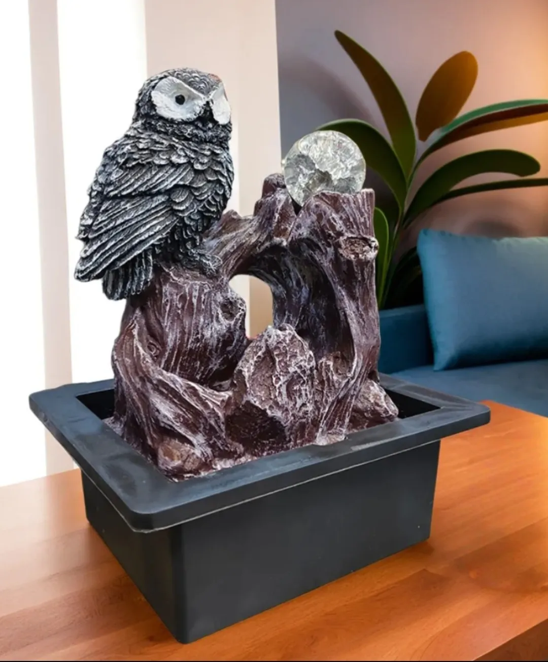 Luxury Owl Tabletop Water Fountain with Crystal Ball | Indoor Resin Home Decor Showpiece