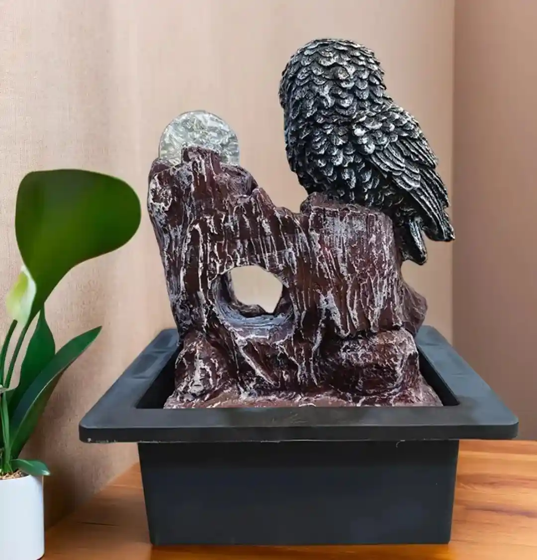 Luxury Owl Tabletop Water Fountain with Crystal Ball | Indoor Resin Home Decor Showpiece