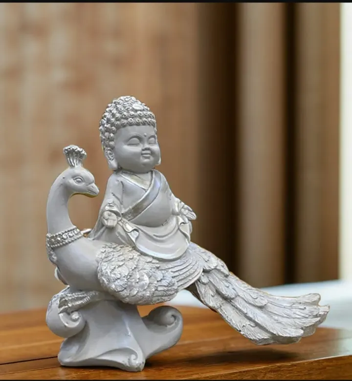 Meditating Baby Buddha with Peacock – Spiritual Resin Decorative Idol