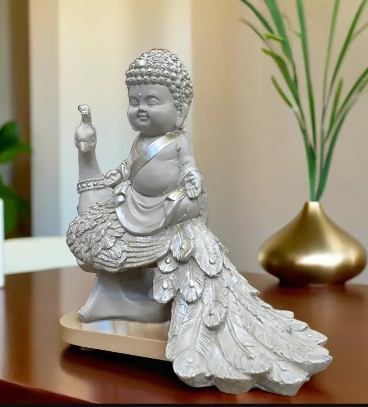 Meditating Baby Buddha with Peacock – Spiritual Resin Decorative Idol