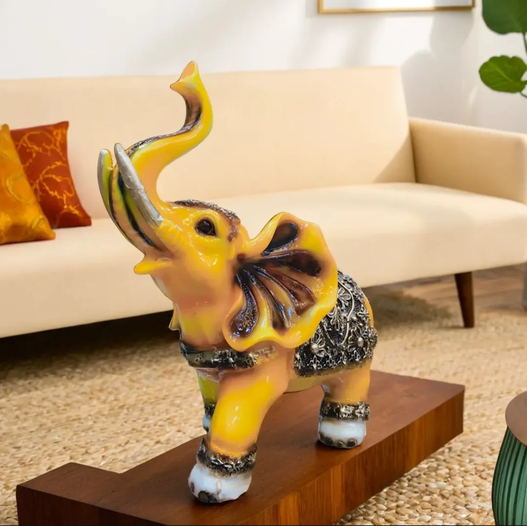 Premium Yellow Elephant Resin Statue | Lucky Feng Shui Elephant Showpiece for Home, Office & Living Room Décor