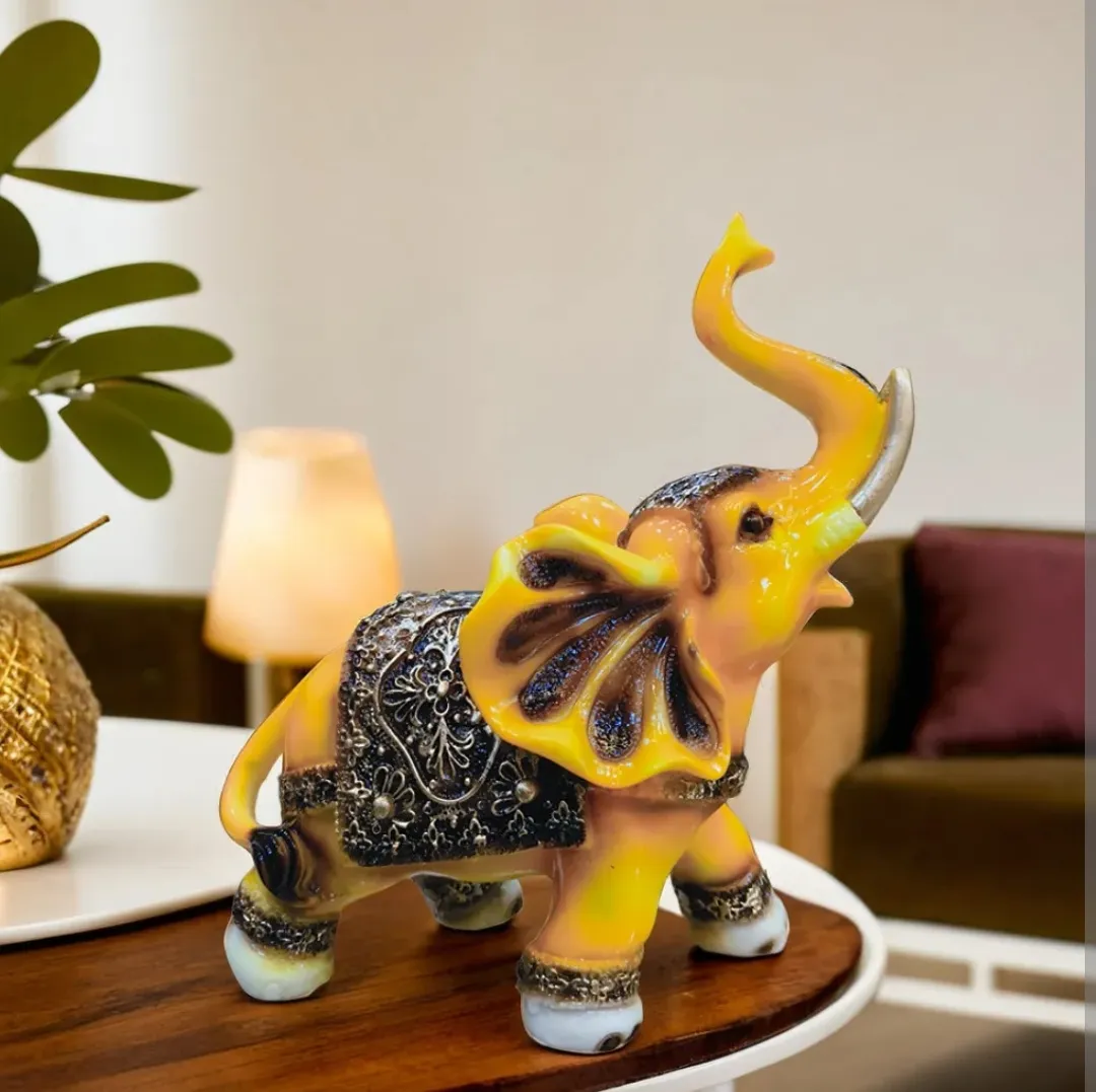 Premium Yellow Elephant Resin Statue | Lucky Feng Shui Elephant Showpiece for Home, Office & Living Room Décor