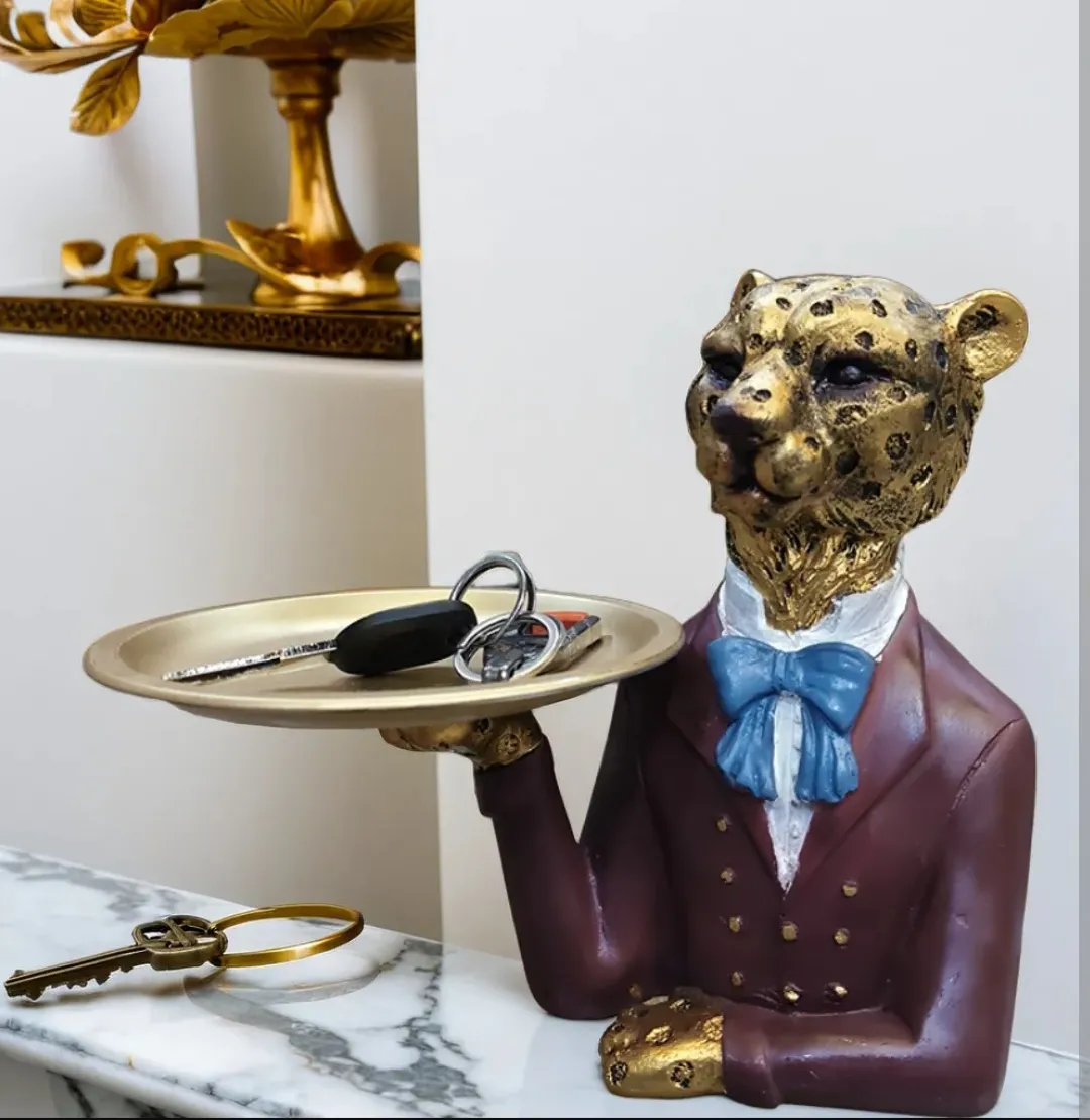 Luxury Leopard Butler Tray Resin Statue...