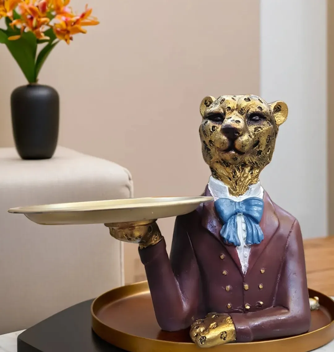 Luxury Leopard Butler Tray Resin Statue – Decorative Home Organizer
