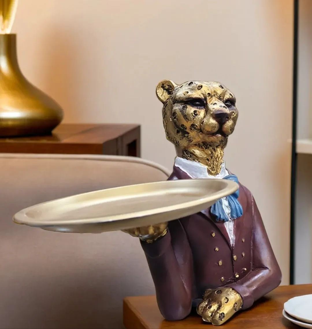 Luxury Leopard Butler Tray Resin Statue – Decorative Home Organizer