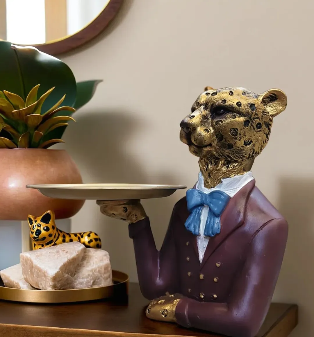 Luxury Leopard Butler Tray Resin Statue – Decorative Home Organizer