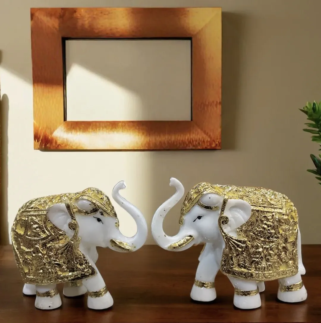 2 Elephant Resin Showpiece | Elegant Elephant Figurines Set for Home, Living Room, Office & Gift Décor