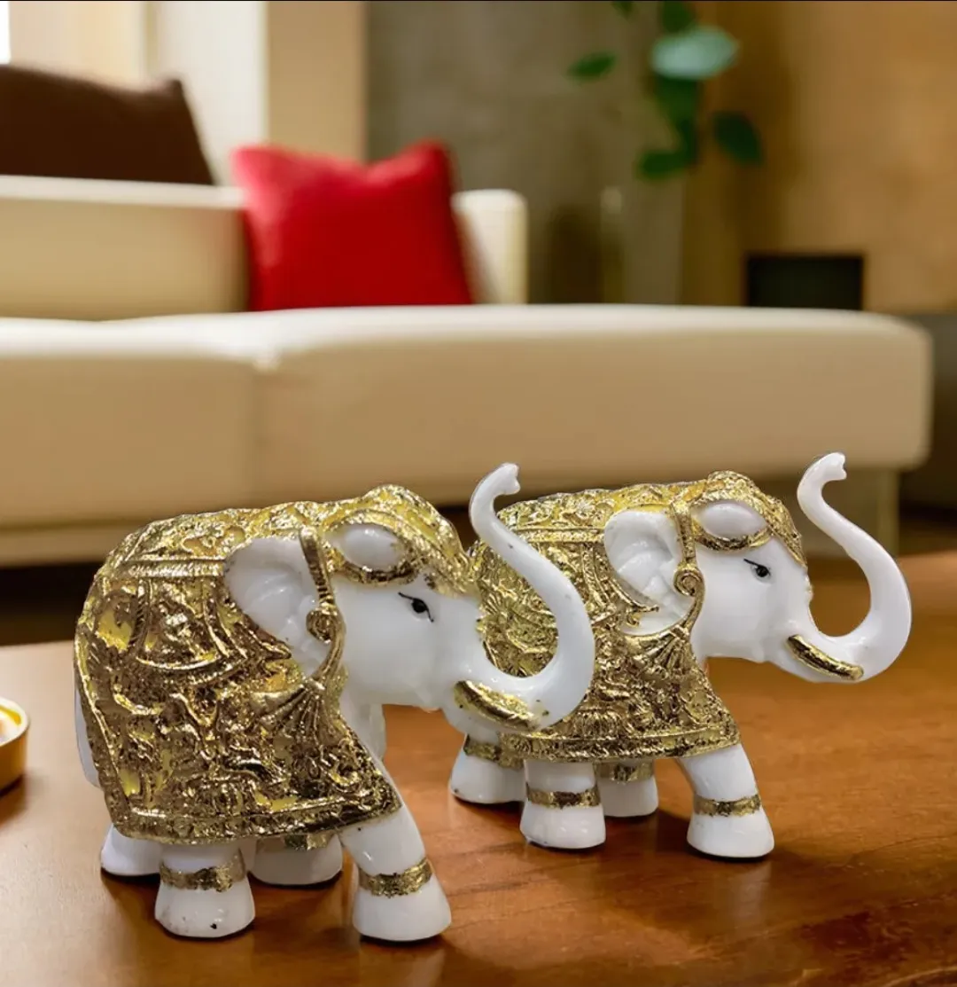 2 Elephant Resin Showpiece | Elegant Elephant Figurines Set for Home, Living Room, Office & Gift Décor