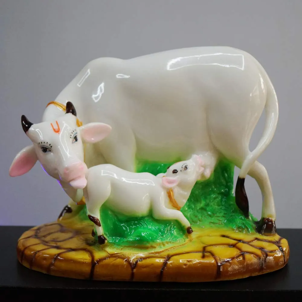 Kamdhenu Cow Resin Showpiece | Sacred Kamdhenu Cow with Calf Statue for Home, Office, Pooja Room & Gift