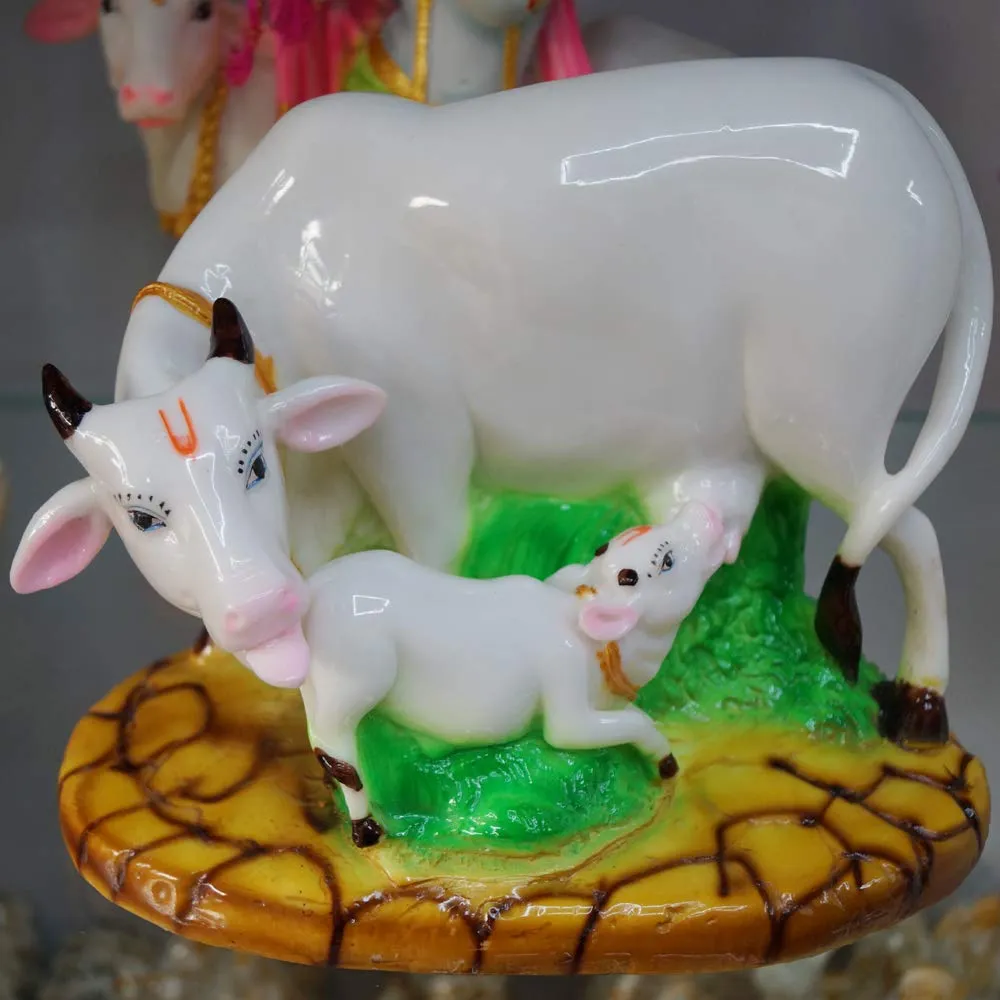 Kamdhenu Cow Resin Showpiece | Sacred Kamdhenu Cow with Calf Statue for Home, Office, Pooja Room & Gift