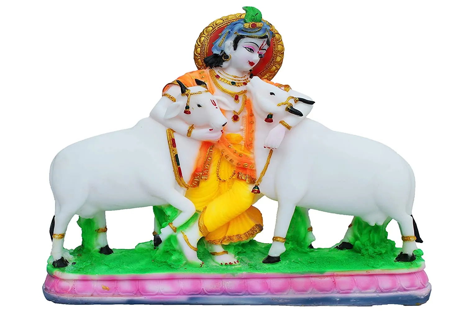 Krishna with 2 Cow Marble Showpiece | Elegant Lord Krishna with Cows Decorative Statue for Home, Pooja Room & Gift