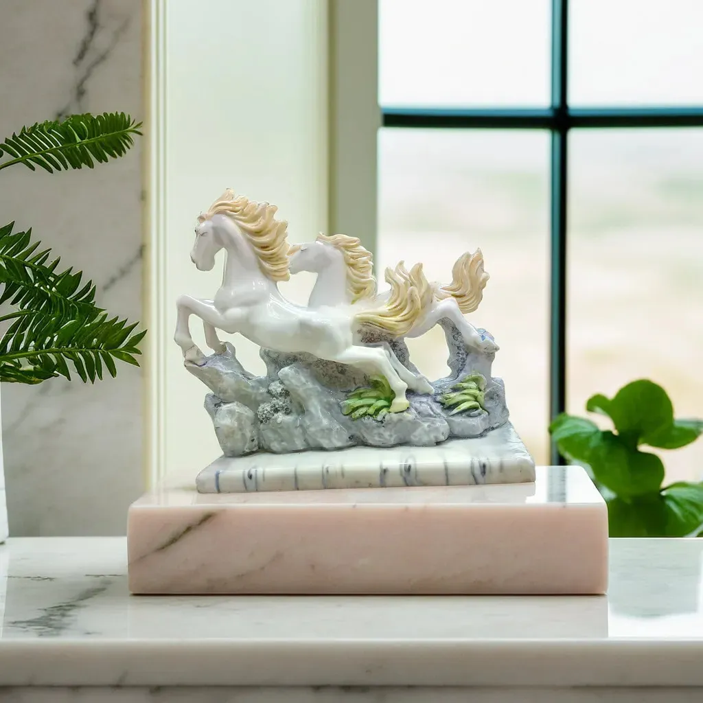 2 Running Marble Horse Showpiece – Elegant Decorative Horse Statue for Home Décor, Office & Vastu Gift
