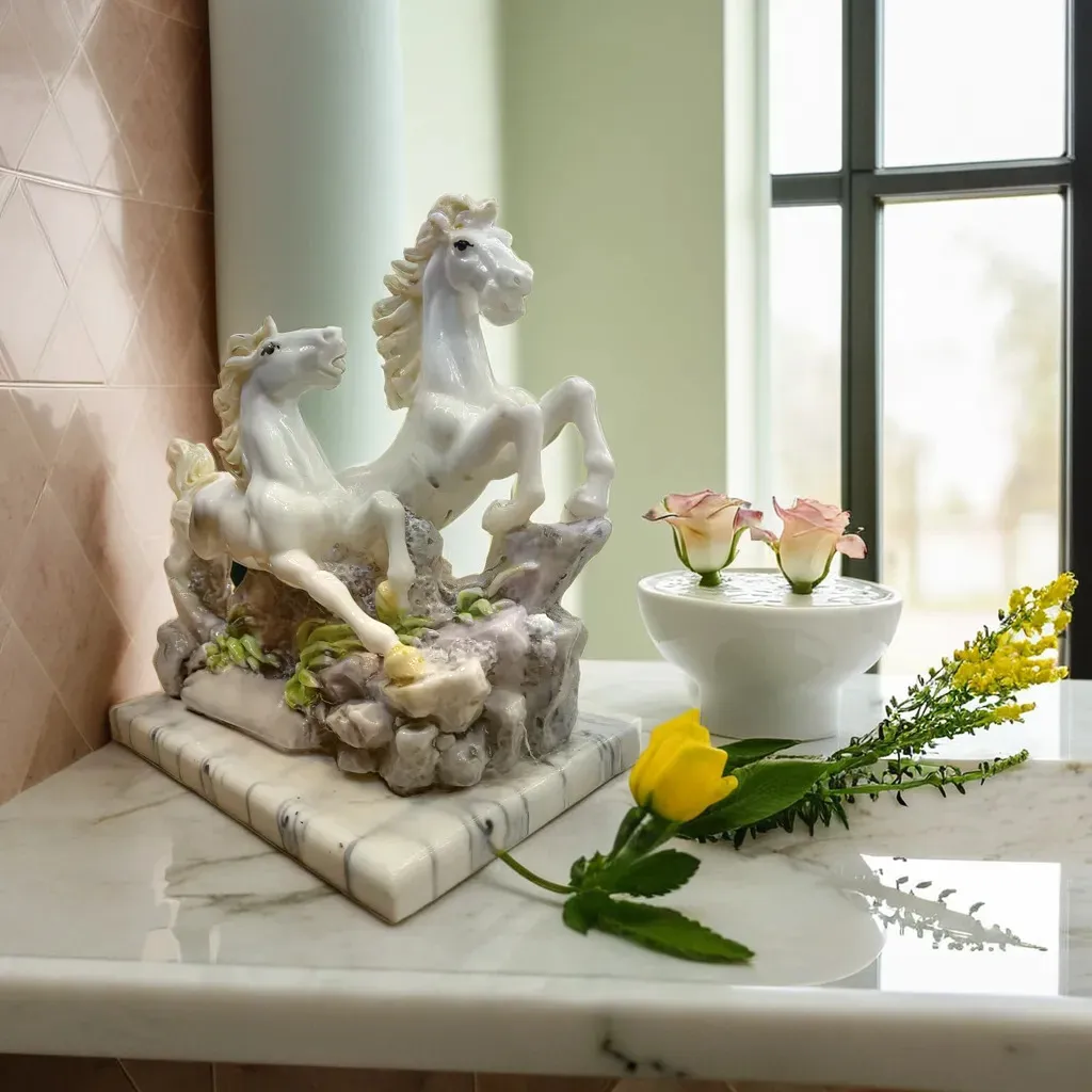 2 Running Marble Horse Showpiece – Elegant Decorative Horse Statue for Home Décor, Office & Vastu Gift