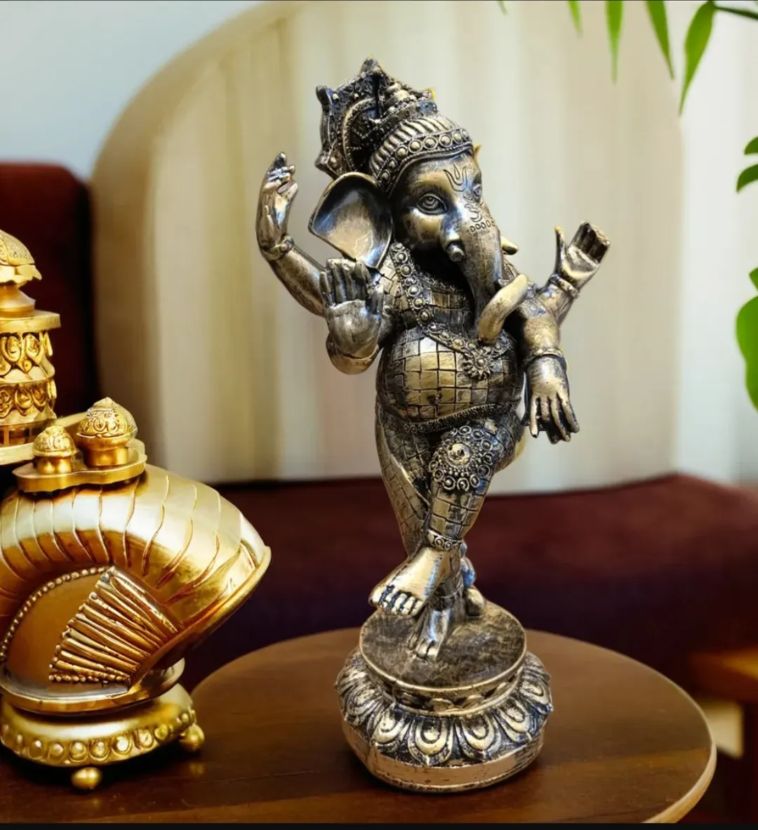 Antique Standing Ganesha Idol – Lord Ganesha with Mushak Decorative Showpiece for Home, Office, Temple & Gift