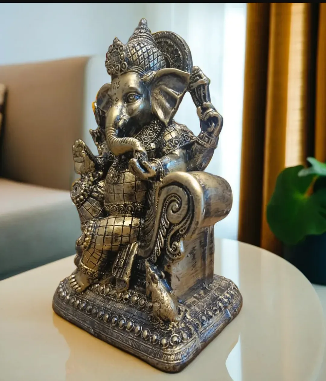 Antique Sitting Ganesha Idol – Lord Ganesha with Mushak Decorative Showpiece for Home, Office, Temple & Gift
