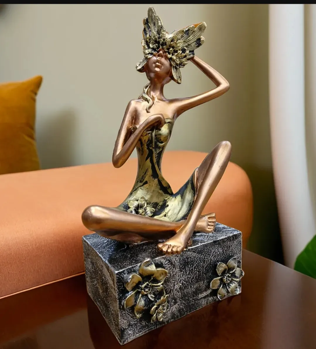 Sitting Leg Lady Copper Resin Showpiece | Modern Abstract Lady Decorative Statue for Home & Office Décor
