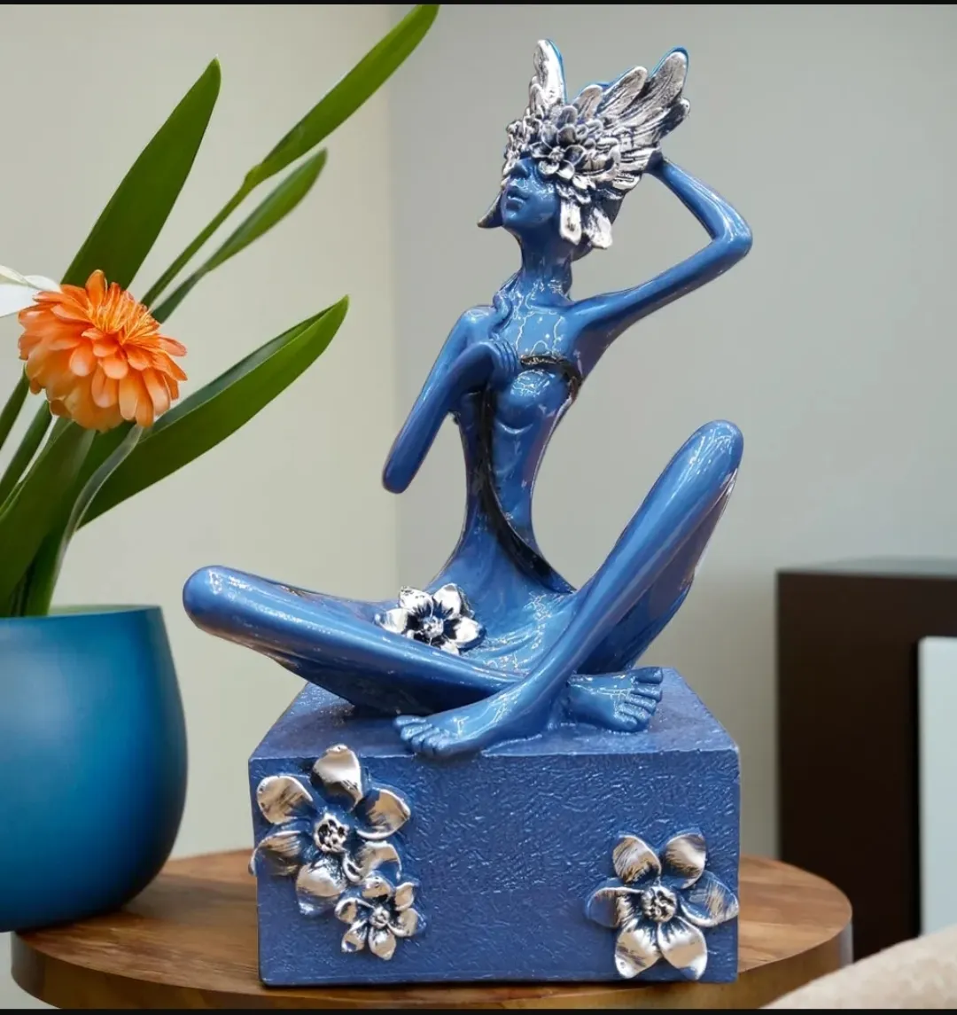 Sitting Leg Lady Blue Resin Showpiece | Modern Abstract Lady Decorative Statue for Home & Office Décor
