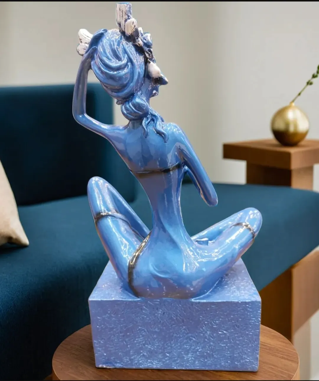 Sitting Leg Lady Blue Resin Showpiece | Modern Abstract Lady Decorative Statue for Home & Office Décor