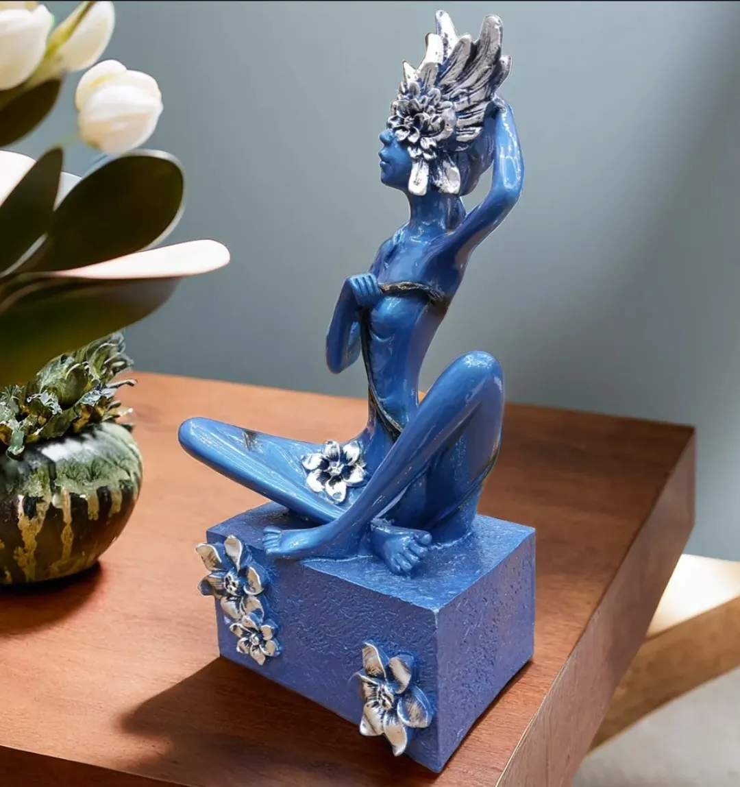 Sitting Leg Lady Blue Resin Showpiece | Modern Abstract Lady Decorative Statue for Home & Office Décor
