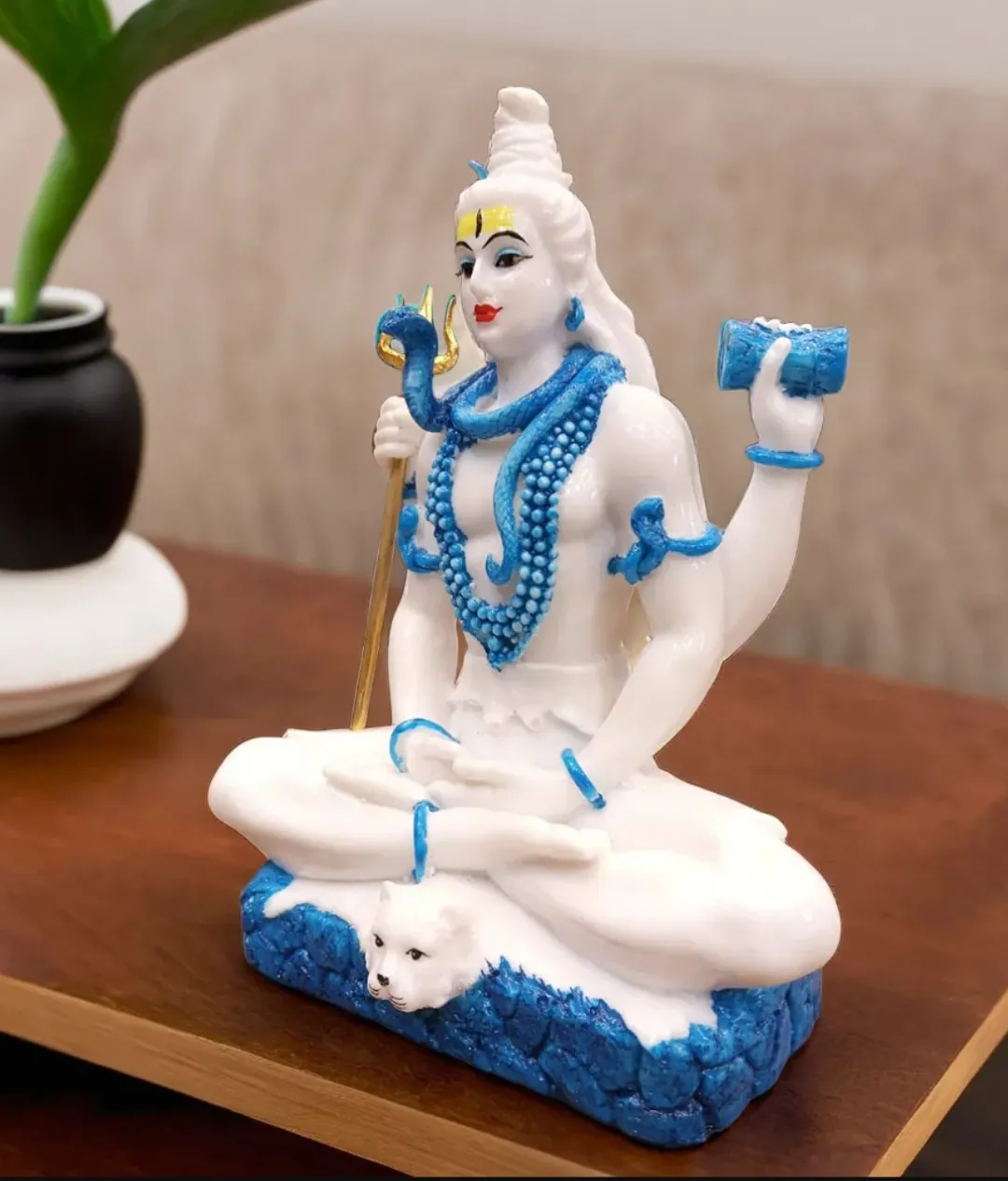 Lord Shiva White Blue Meditating Resin Idol | Mahadev Decorative Statue for Home, Office & Temple Décor