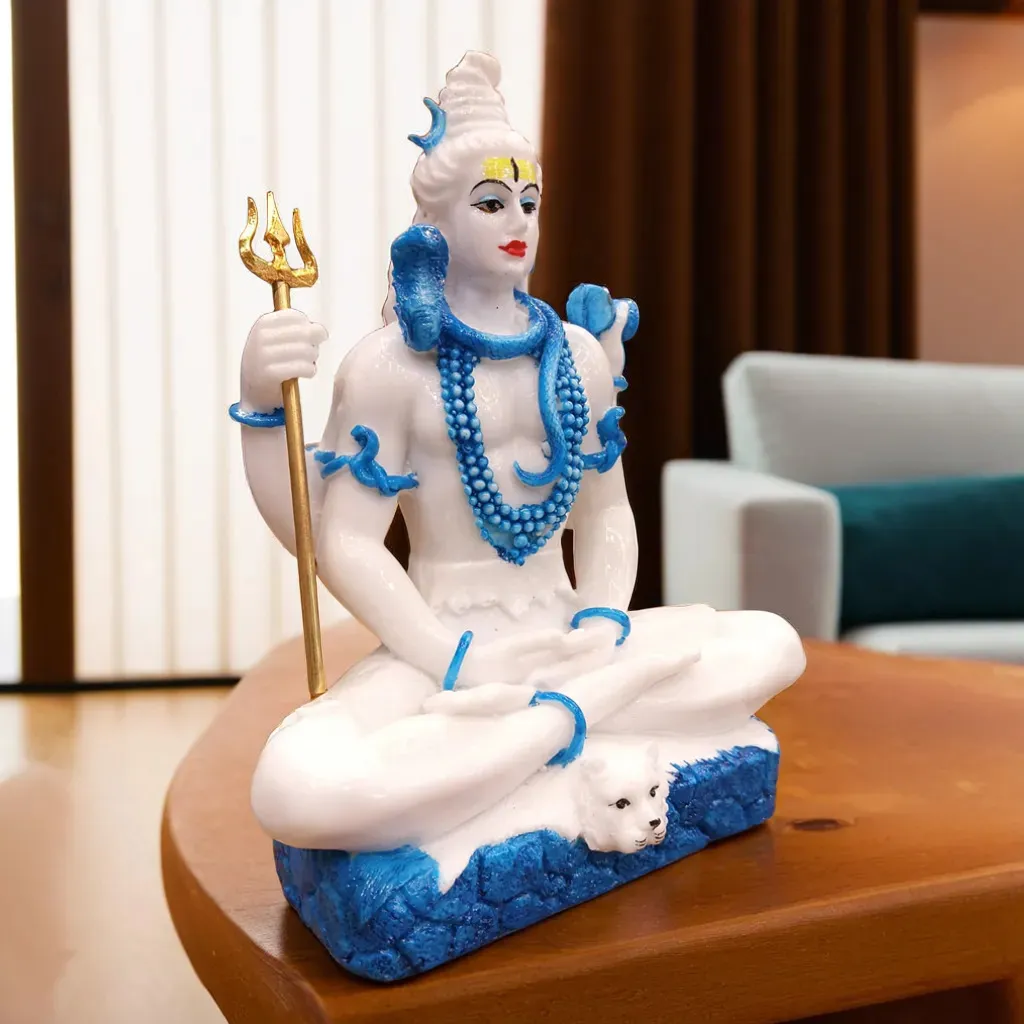 Lord Shiva White Blue Meditating Resin Idol | Mahadev Decorative Statue for Home, Office & Temple Décor
