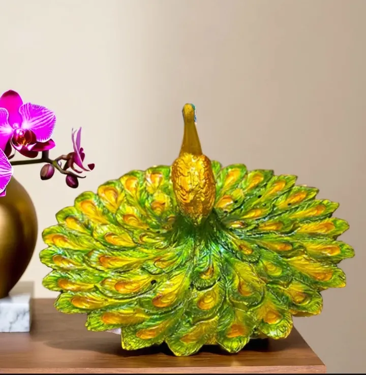 Premium Pankh Down Peacock Showpiece – Elegant Decorative Peacock Lamp for Home Temple, Pooja Room & Festive Décor