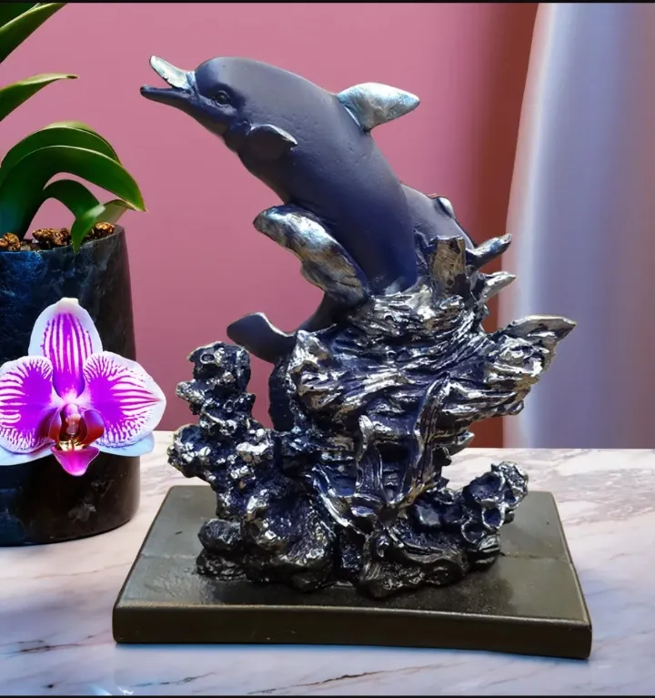 Blue Small Dolphin with Baby Resin Showpiece – Premium Dolphin Family Figurine for Home, Office & Table Décor