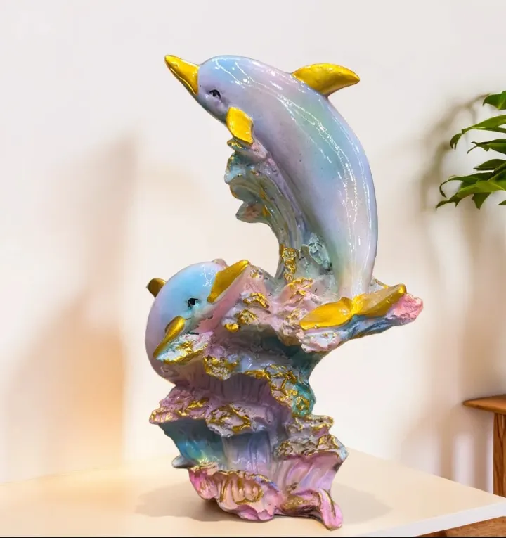 2 Big Multi Dolphin Resin Showpiece – Premium Dolphin Pair Decorative Statue for Home, Office & Living Room Décor