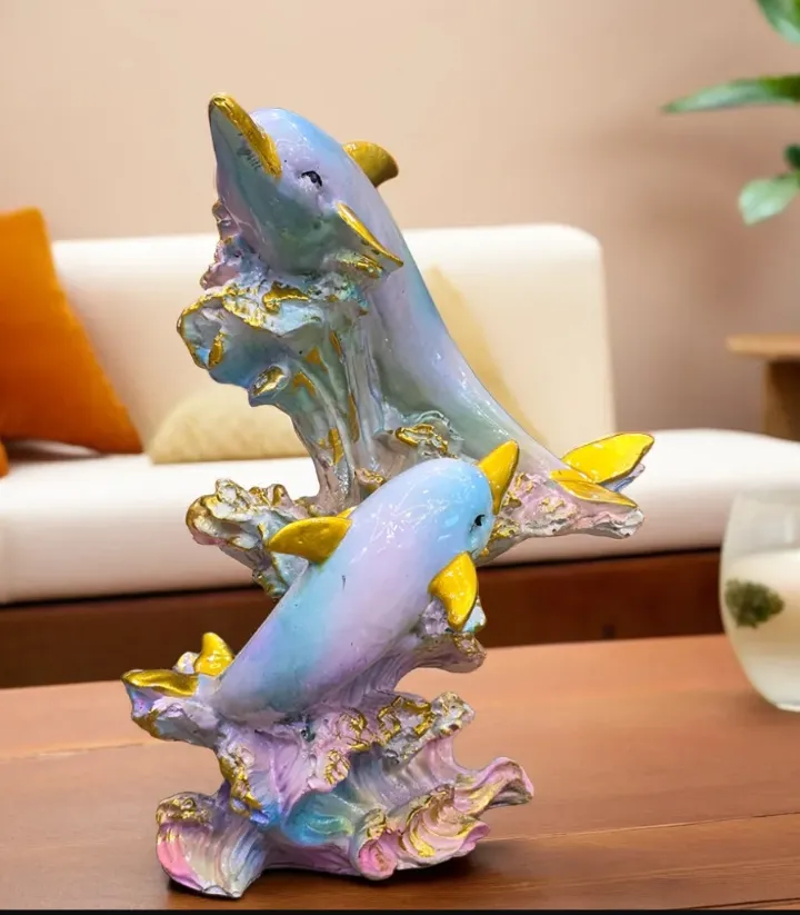 2 Big Multi Dolphin Resin Showpiece – Premium Dolphin Pair Decorative Statue for Home, Office & Living Room Décor