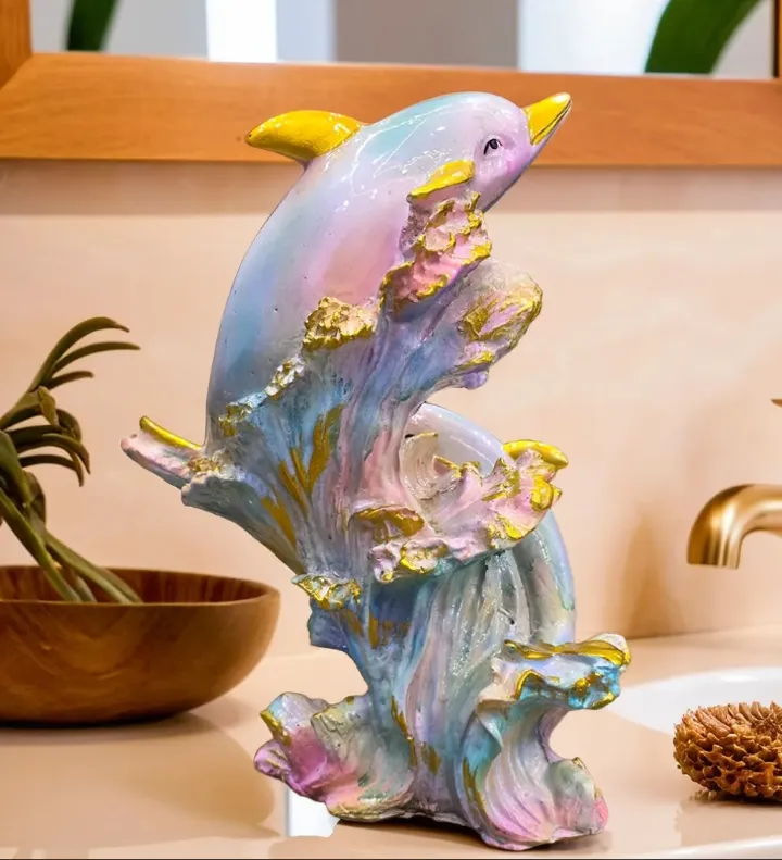 2 Big Multi Dolphin Resin Showpiece – Premium Dolphin Pair Decorative Statue for Home, Office & Living Room Décor