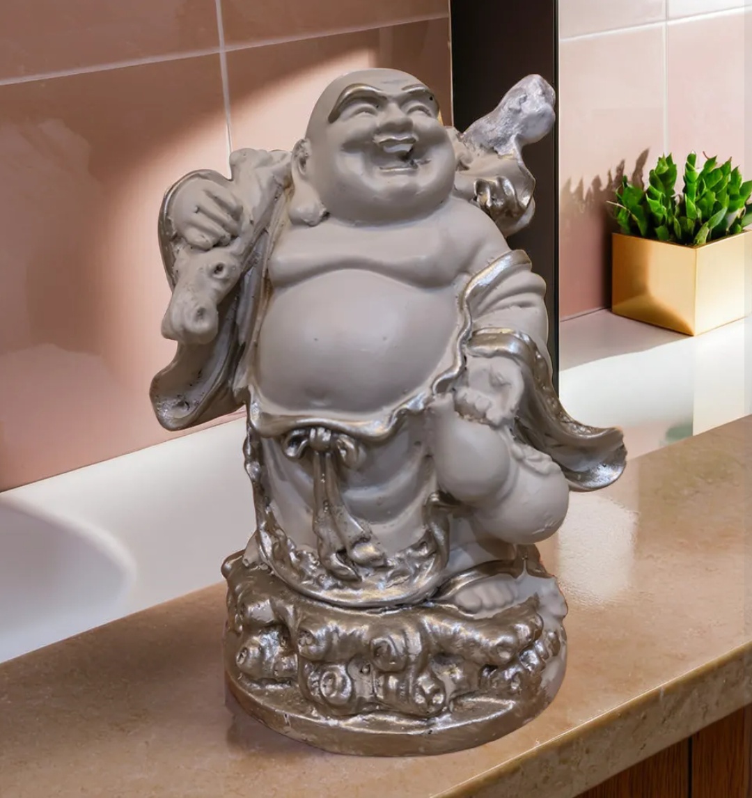 Laughing Buddha Statue – Decorative Feng Shui Resin Figurine for Wealth, Happiness & Good Luck | Silver & White Finish winnxi