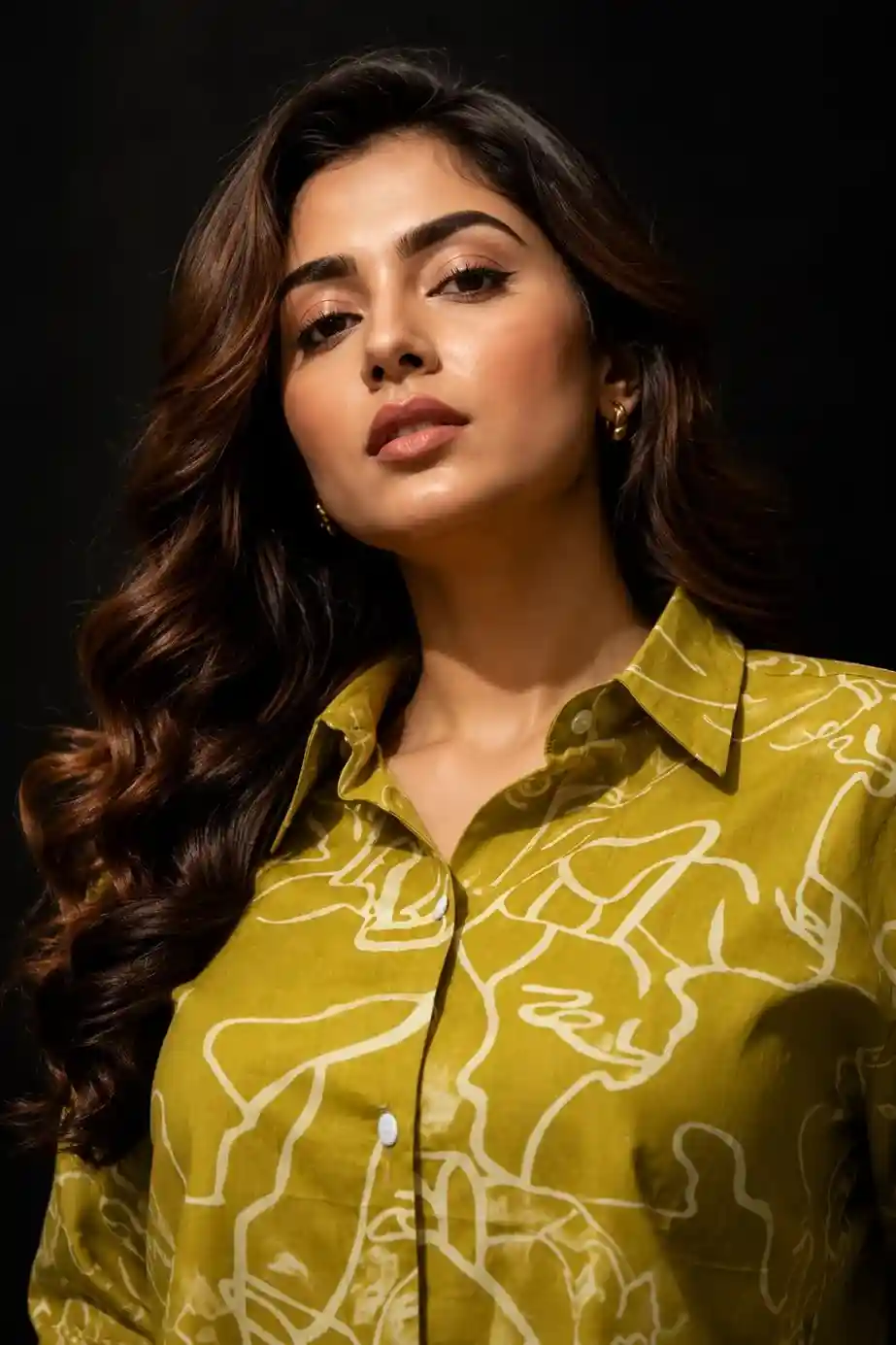 Abstract Print Co-Ord Set for Women – Olive Green Shirt & Wide-Leg Trousers