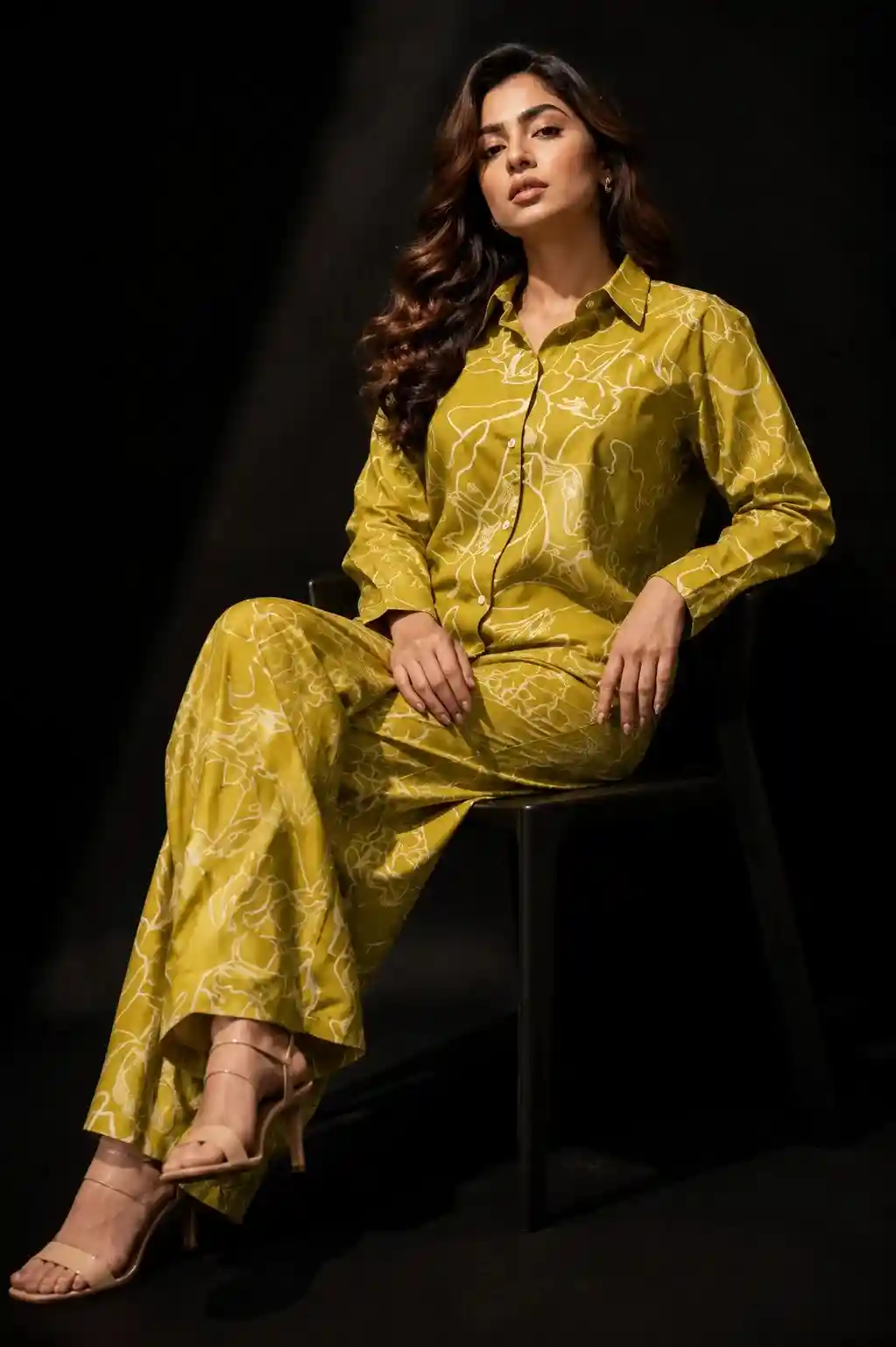 Abstract Print Co-Ord Set for Women – Olive Green Shirt & Wide-Leg Trousers
