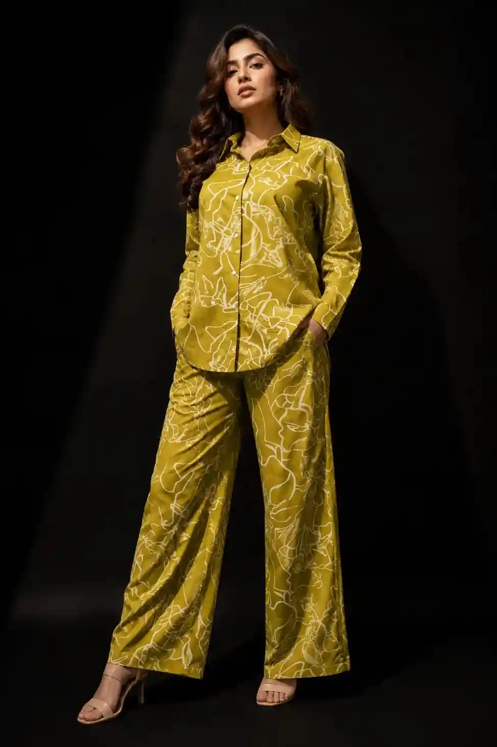Abstract Print Co-Ord Set for Women – Olive Green Shirt & Wide-Leg Trousers