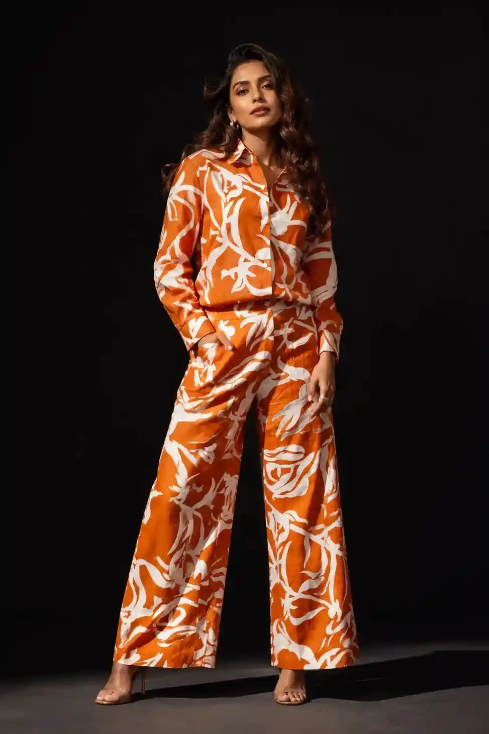 Burnt Orange Abstract Print Co-Ord Set for Women – Cotton Shirt & Wide-Leg Trousers