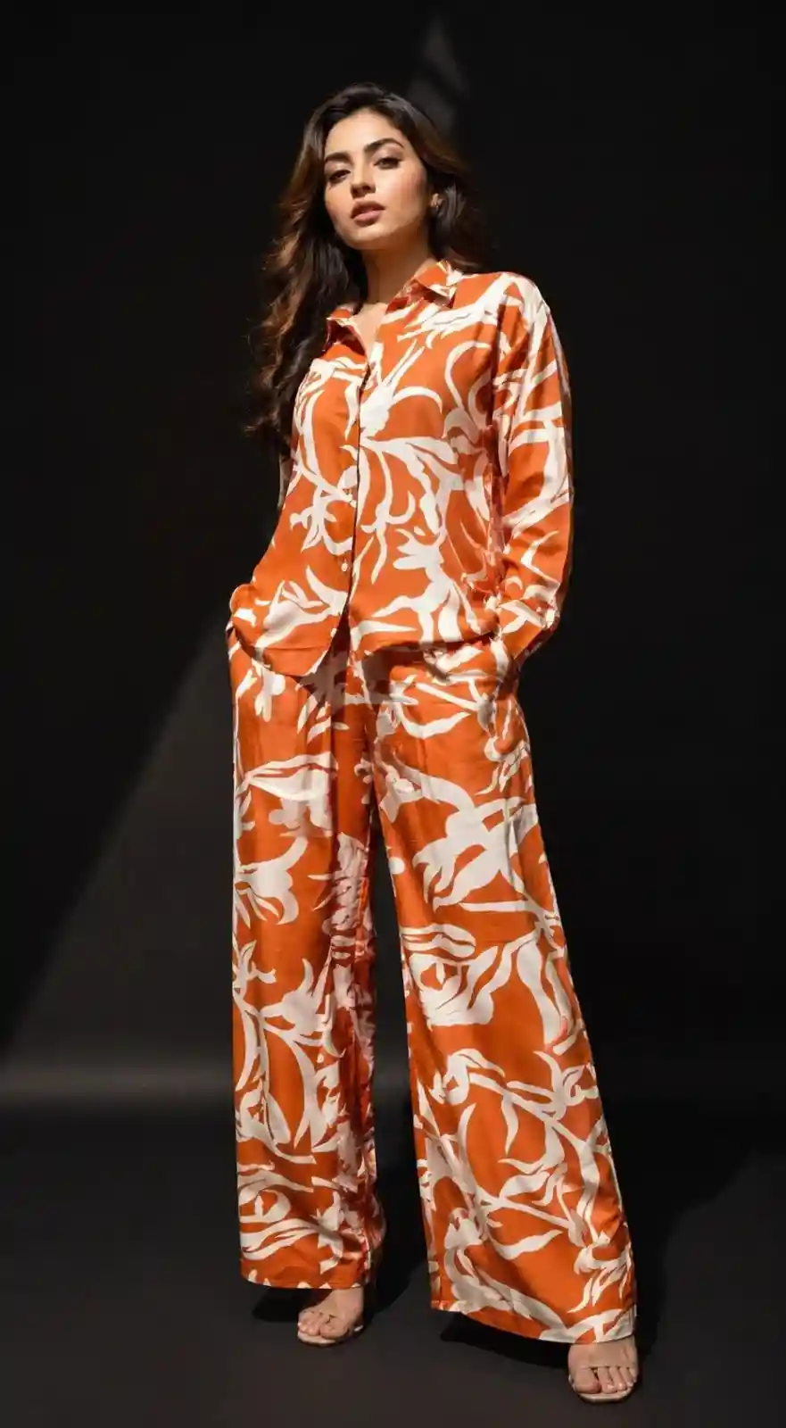 Burnt Orange Abstract Print Co-Ord Set for Women – Cotton Shirt & Wide-Leg Trousers